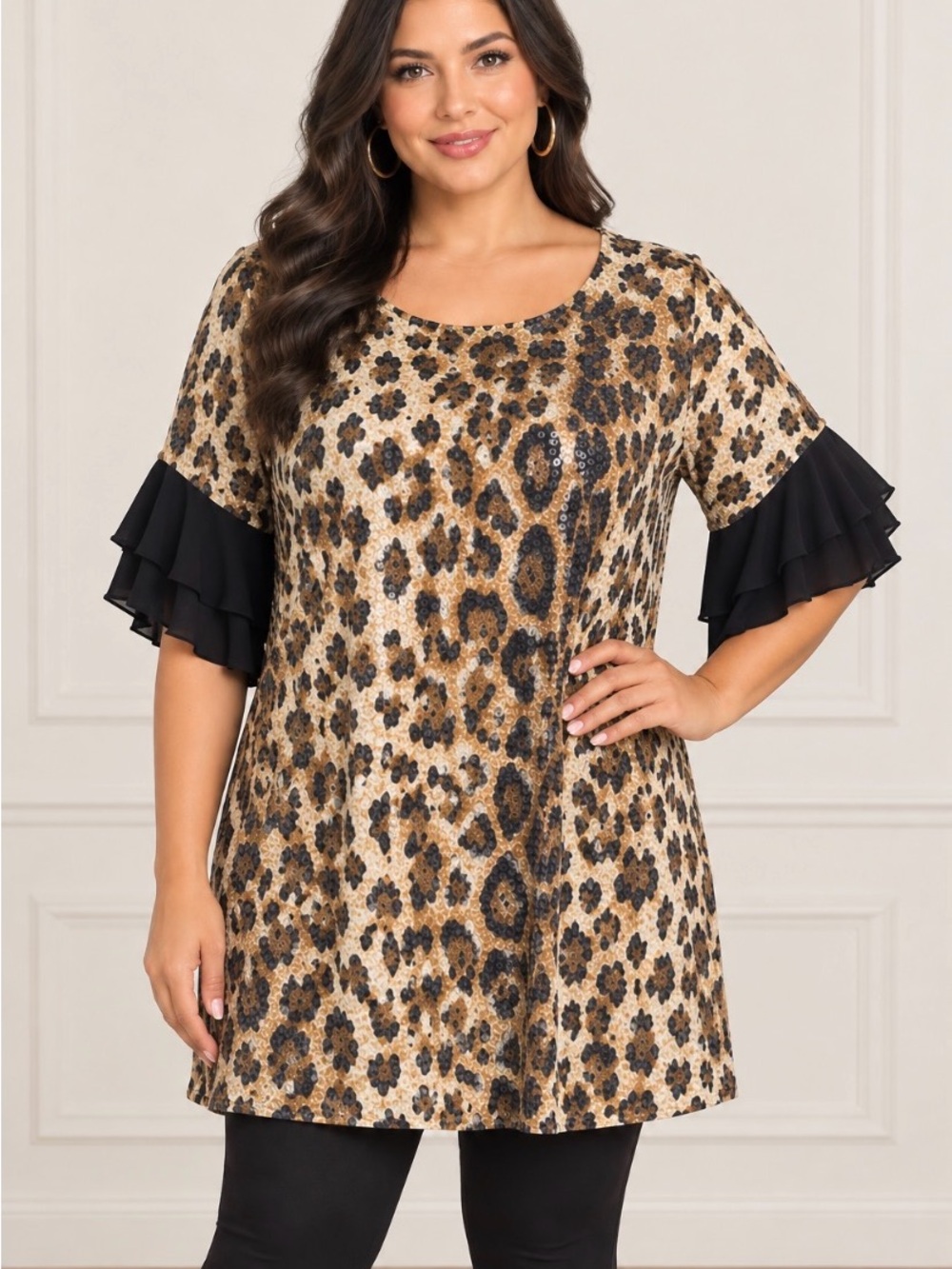 NWT Southern Stitch Leopard Sequin  Ruffle Sleeve Tunic